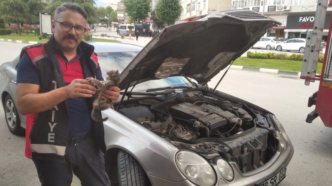 İTFAİYECİDEN DUYARLILIK ÖRNEĞİ: MOTORDA SIKIŞAN YAVRU KEDİYİ KURTARDI