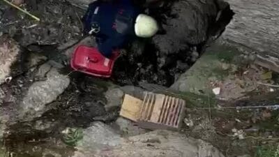 Safranbolu'da derede mahsur kalan kedi, itfaiye tarafından kurtarıldı.