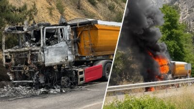 Tahsin Türk idaresindeki cam madeni yüklü tırda seyir halindeyken yangın